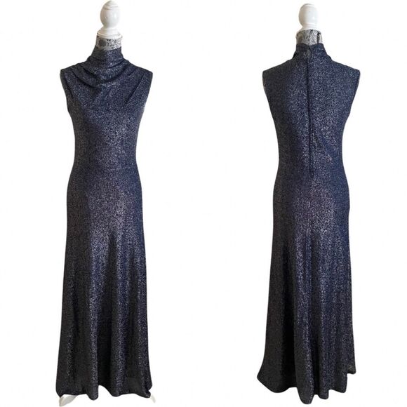 Vintage 1970s Sparkly Draped Mock Neck Maxi Dress Navy Blue - Picture 1 of 10